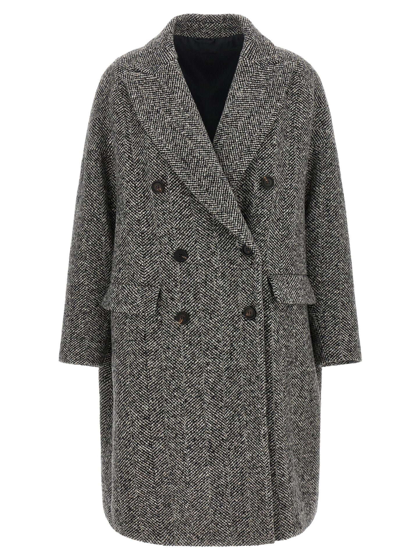 Overcoat by Brunello Cucinelli for women in virgin alpaca wool & sequins gray, horn & chevron features a cosy chic silhouette, artfully detailed with a sophisticated split neckline and premium pockets for a cosy chic finish.