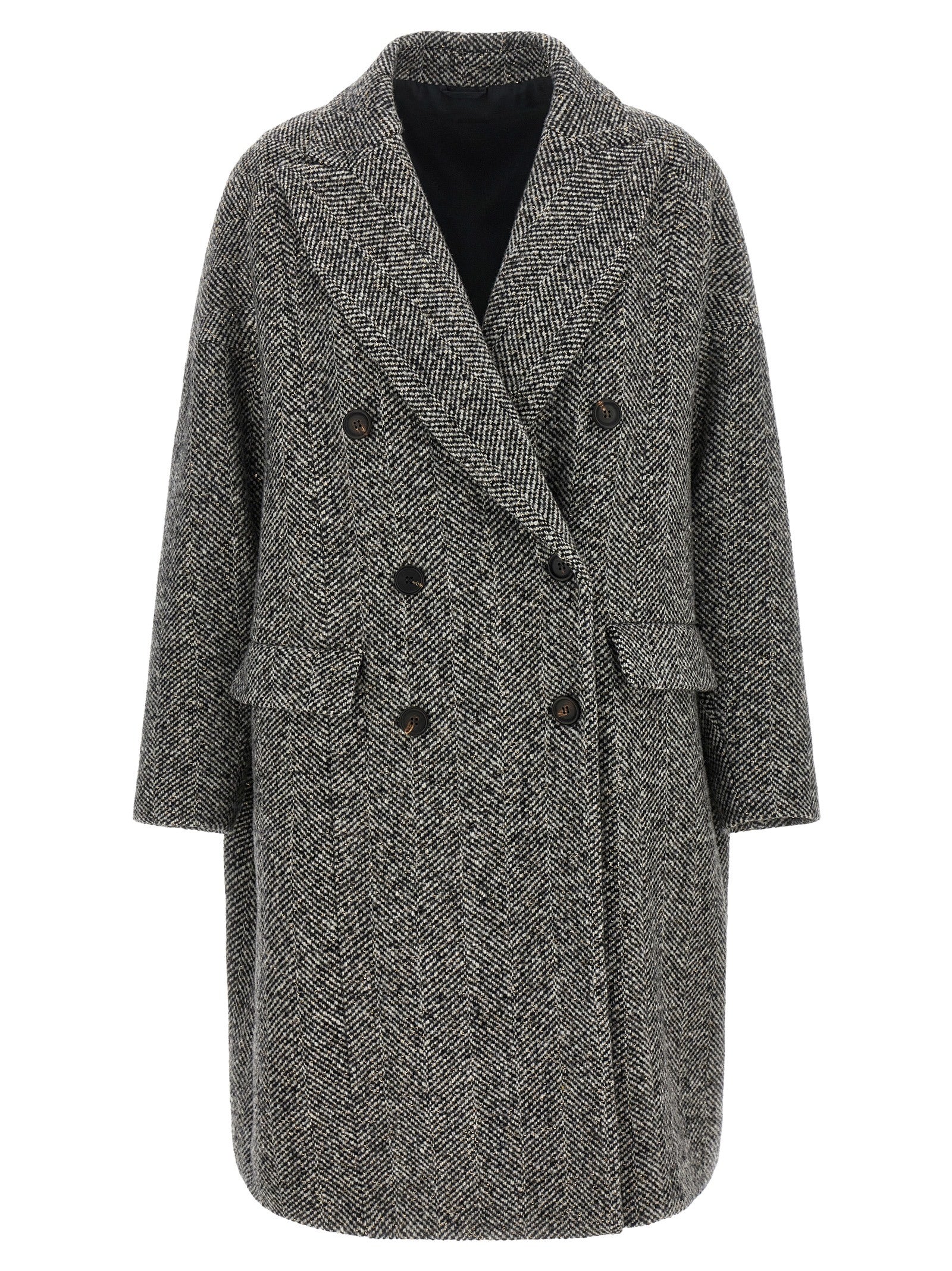 Overcoat by Brunello Cucinelli for women in virgin alpaca wool & sequins gray, horn & chevron features a cosy chic silhouette, artfully detailed with a sophisticated split neckline and premium pockets for a cosy chic finish.