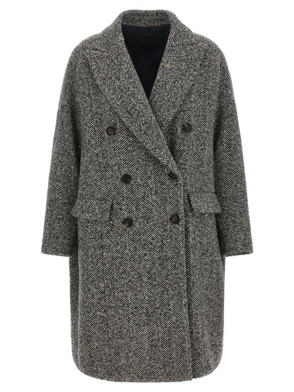 Overcoat by Brunello Cucinelli for women in virgin alpaca wool & sequins gray, horn & chevron features a cosy chic silhouette, artfully detailed with a sophisticated split neckline and premium pockets for a cosy chic finish.