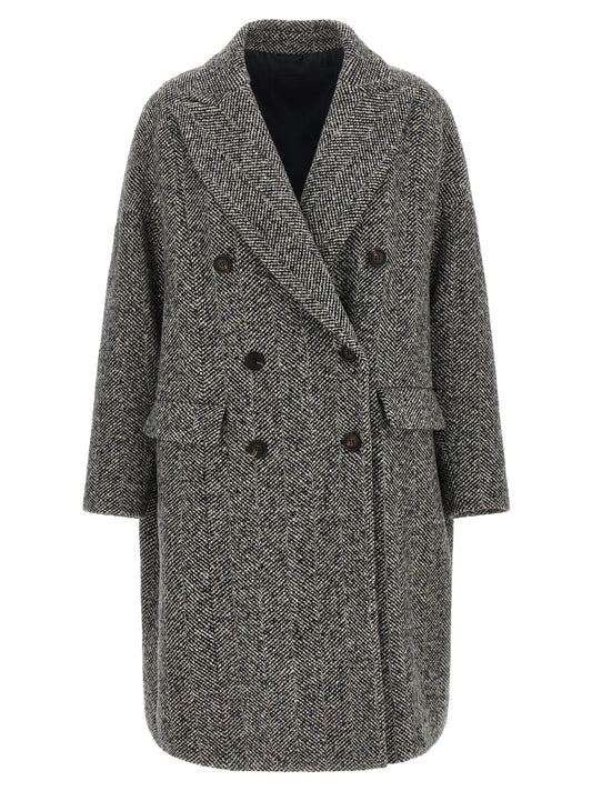 Overcoat by Brunello Cucinelli for women in virgin alpaca wool & sequins gray, horn & chevron features a cosy chic silhouette, artfully detailed with a sophisticated split neckline and premium pockets for a cosy chic finish.