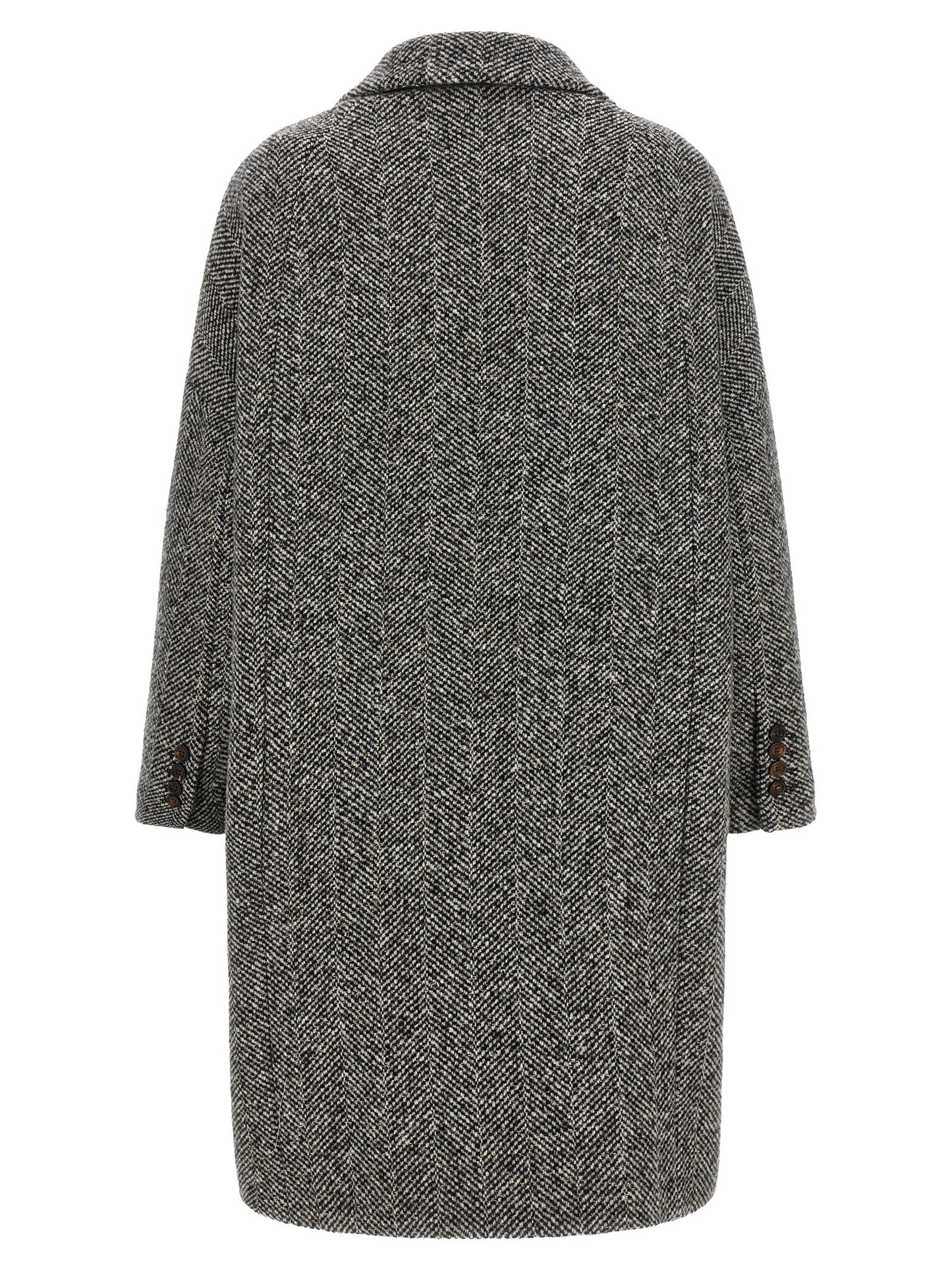 Overcoat by Brunello Cucinelli for women in virgin alpaca wool & sequins gray, horn & chevron features an satoral silhouette, showcasing a sophisticated split neckline and satoral pockets for a premium, timeless look.