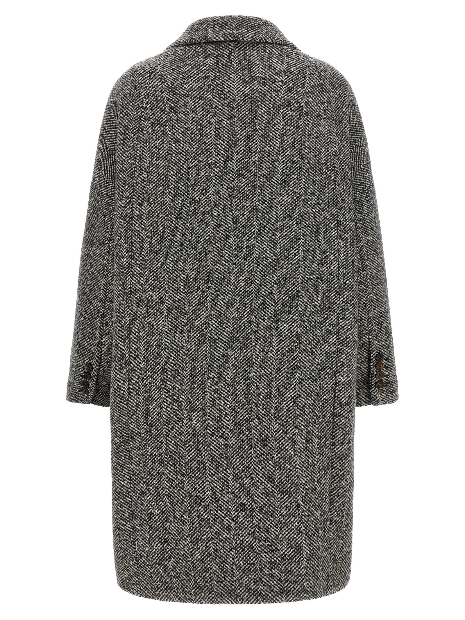 Overcoat by Brunello Cucinelli for women in virgin alpaca wool & sequins gray, horn & chevron features an satoral silhouette, showcasing a sophisticated split neckline and satoral pockets for a premium, timeless look.
