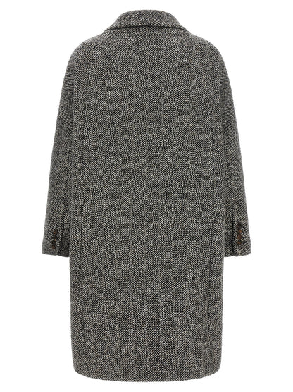 Overcoat by Brunello Cucinelli for women in virgin alpaca wool & sequins gray, horn & chevron features an satoral silhouette, showcasing a sophisticated split neckline and satoral pockets for a premium, timeless look.