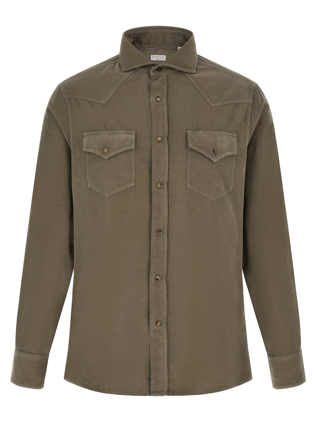 Shirt by Brunello Cucinelli for men in velvet cotton corduroy bicolour, green, horn & olive features an polished silhouette, showcasing a sophisticated and detail for a truly polished finish.