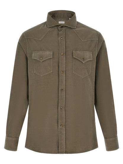 Shirt by Brunello Cucinelli for men in velvet cotton corduroy bicolour, green, horn & olive features an polished silhouette, showcasing a sophisticated and detail for a truly polished finish.