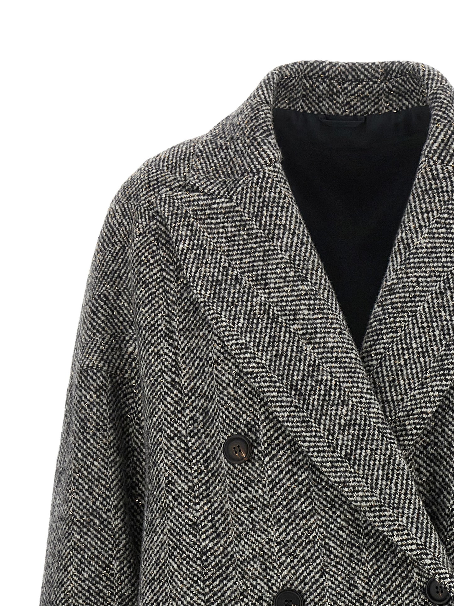Overcoat by Brunello Cucinelli for women in virgin alpaca wool & sequins gray, horn & chevron features a contemporary silhouette showcasing a contemporary split neckline and refined pockets for a sophisticated finish.