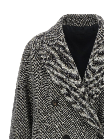 Overcoat by Brunello Cucinelli for women in virgin alpaca wool & sequins gray, horn & chevron features a contemporary silhouette showcasing a contemporary split neckline and refined pockets for a sophisticated finish.