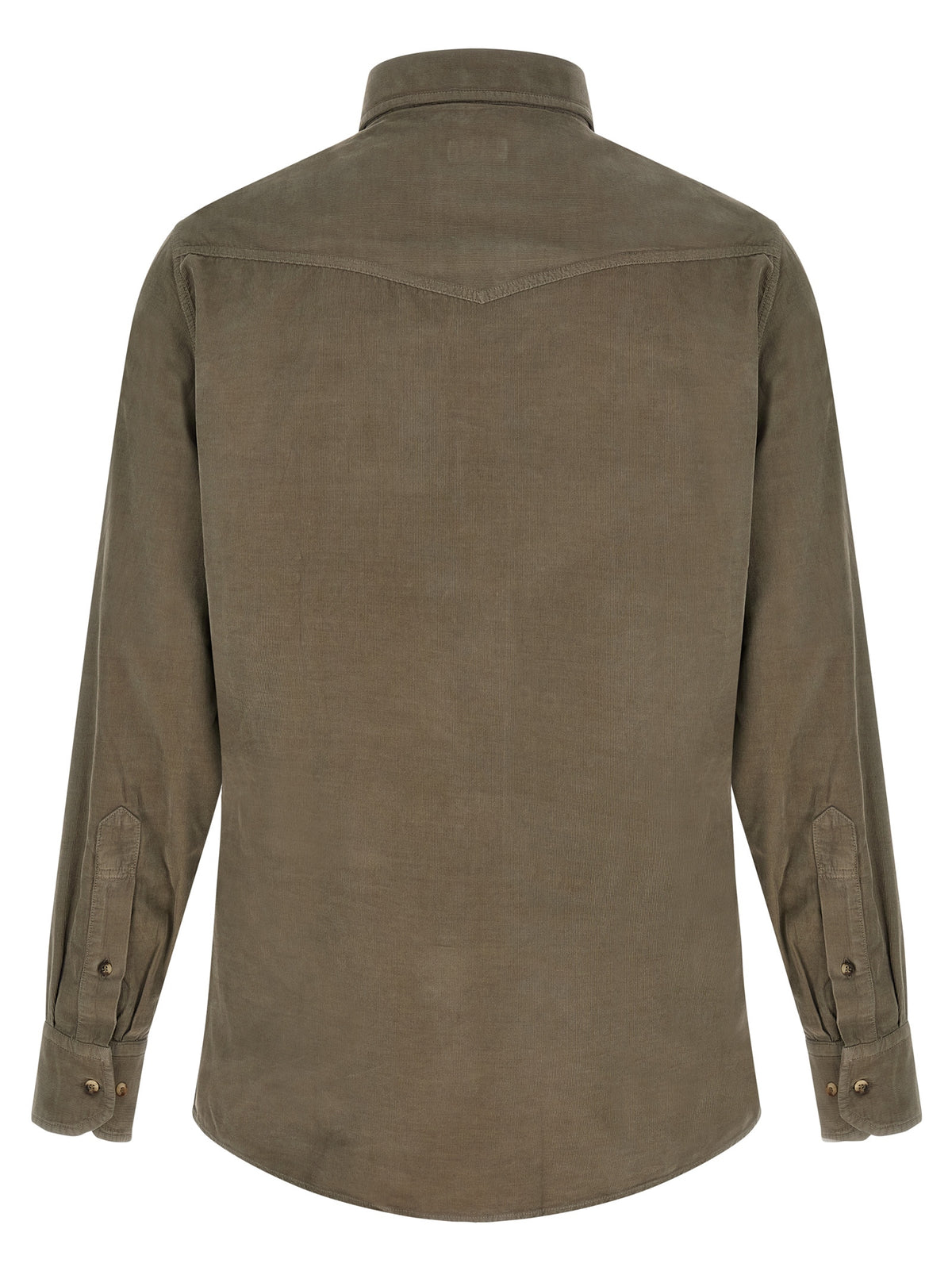 Shirt by Brunello Cucinelli for men in velvet cotton corduroy bicolour, green, horn & olive features an architectural silhouette with a refined and elegant for a architectural look.