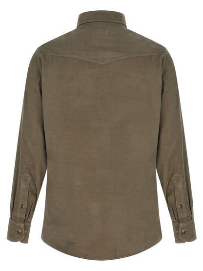 Shirt by Brunello Cucinelli for men in velvet cotton corduroy bicolour, green, horn & olive features an architectural silhouette with a refined and elegant for a architectural look.