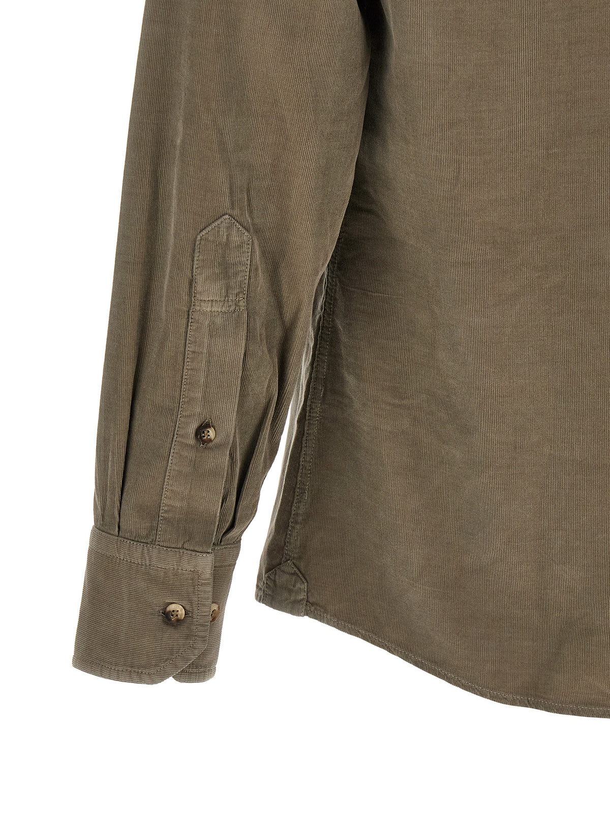 Shirt by Brunello Cucinelli for men in velvet cotton corduroy bicolour, green, horn & olive, featuring a nuanced and nuanced for a sophisticated finish.