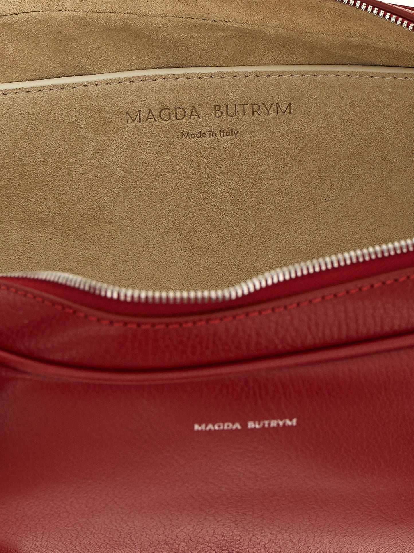 Tote Handbag by Magda Butrym for women in suede calfskin leather gold, multicolor, red & silver features a signature silhouette, showcasing a secure zipper and signature with versatile detachable-strap & handle for a sophisticated look.