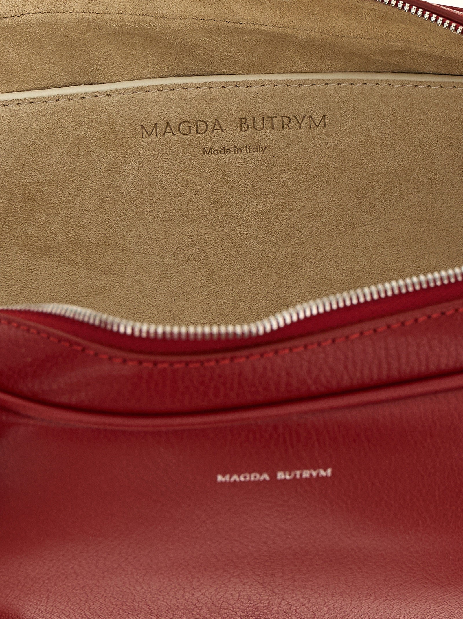 Tote Handbag by Magda Butrym for women in suede calfskin leather gold, multicolor, red & silver features a signature silhouette, showcasing a secure zipper and signature with versatile detachable-strap & handle for a sophisticated look.