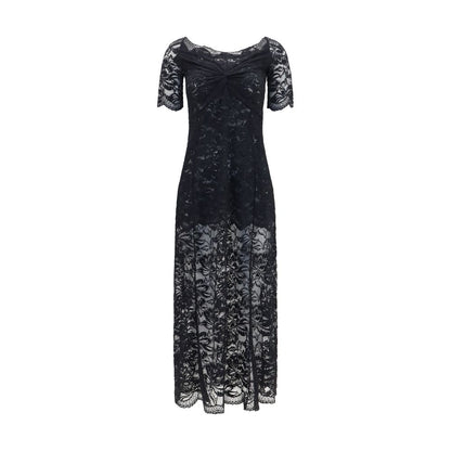 Dress by Rabanne for women in stretch polyamide black & floral features an cute silhouette, detailed with a long-sleeve and bardot neckline that elegantly flows into a cute long.