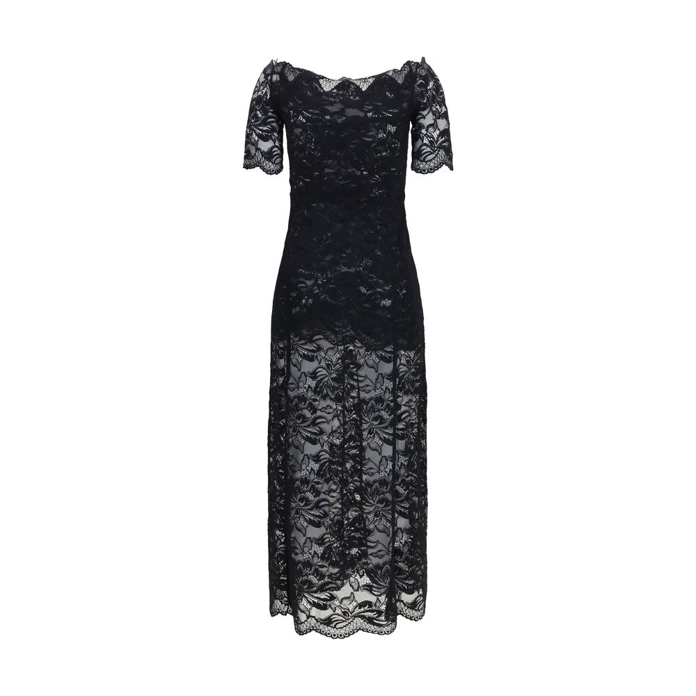 Dress by Rabanne for women in stretch polyamide black & floral presents a sinuous silhouette, showcasing a sophisticated bardot neckline and detailed with a sinuous long for a refined finish.