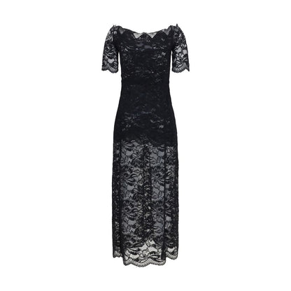 Dress by Rabanne for women in stretch polyamide black & floral presents a sinuous silhouette, showcasing a sophisticated bardot neckline and detailed with a sinuous long for a refined finish.