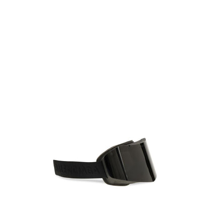 Sunglasses by Balenciaga for men in bos taurus calf leather black features a contemporary silhouette, showcasing a contemporary in black coloured frame with high-performance mirrored lens.