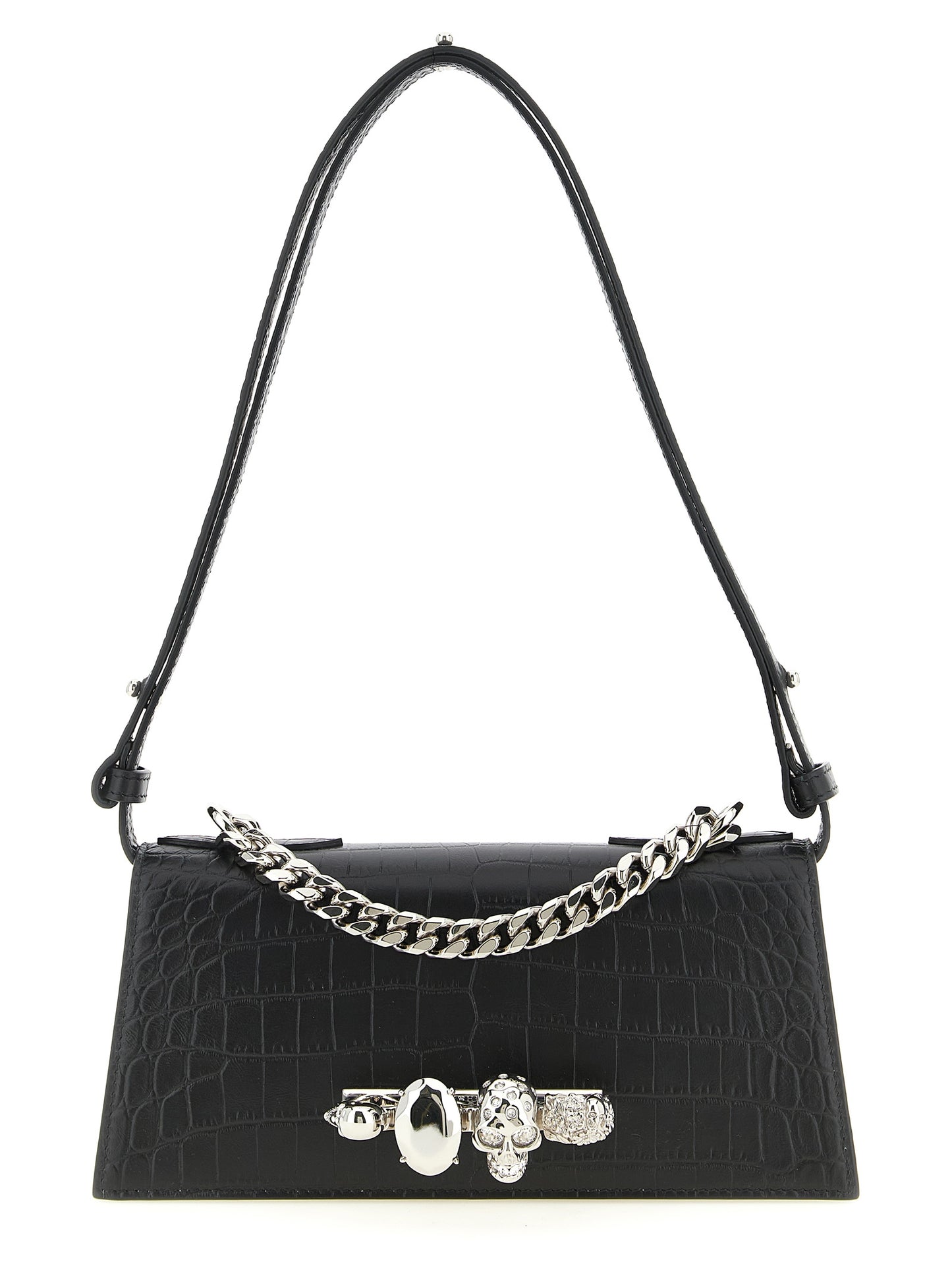 Mini Shoulder Flap Bag by Alexander McQueen for women in bos taurus crocodile calfskin leather black & signature presents a versatile silhouette, showcasing a secure flap & magnetic and versatile with versatile shoulder-strap, adjustable-strap & handle for a sophisticated look.