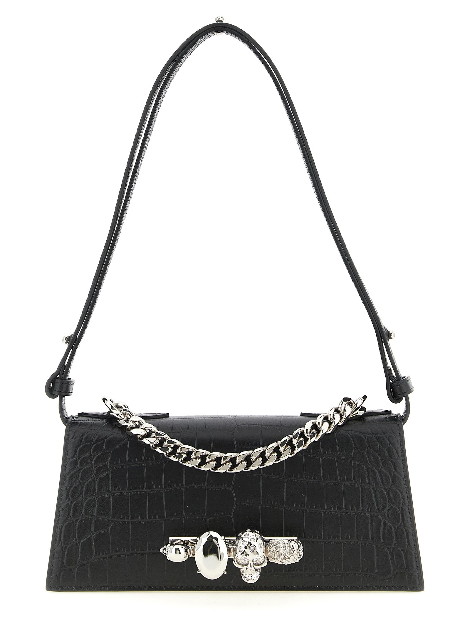 Mini Shoulder Flap Bag by Alexander McQueen for women in bos taurus crocodile calfskin leather black & signature presents a versatile silhouette, showcasing a secure flap & magnetic and versatile with versatile shoulder-strap, adjustable-strap & handle for a sophisticated look.