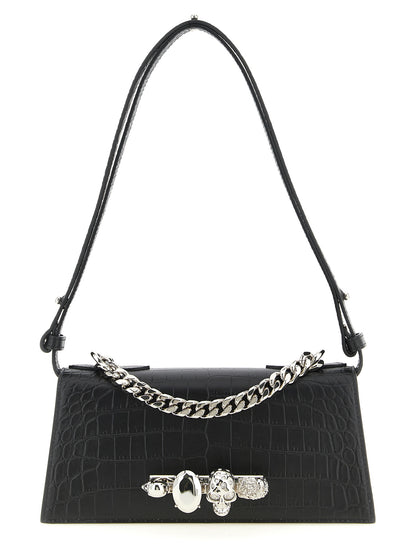 Mini Shoulder Flap Bag by Alexander McQueen for women in bos taurus crocodile calfskin leather black & signature presents a versatile silhouette, showcasing a secure flap & magnetic and versatile with versatile shoulder-strap, adjustable-strap & handle for a sophisticated look.