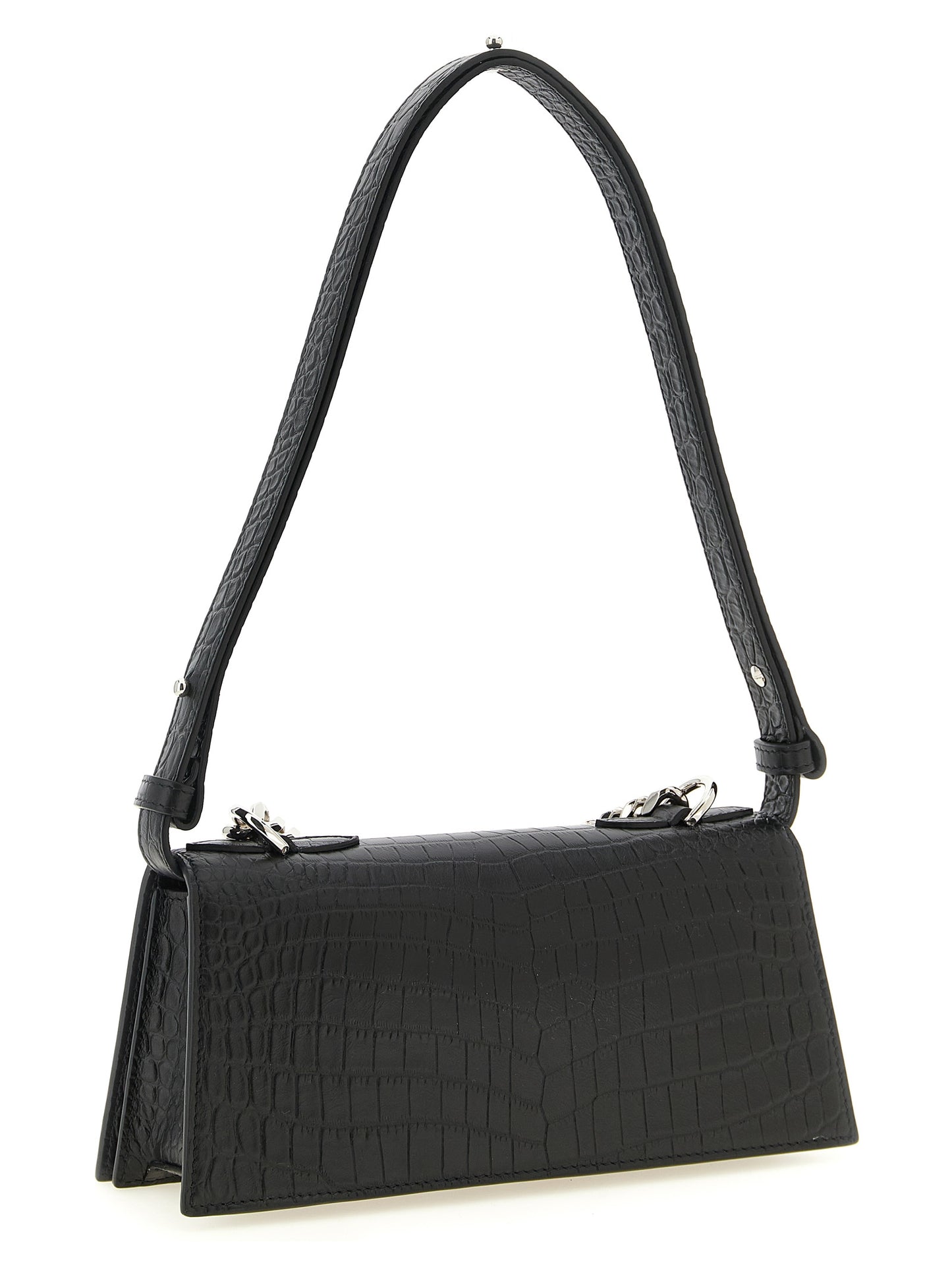 Mini Shoulder Flap Bag by Alexander McQueen for women in bos taurus crocodile calfskin leather black & signature showcases a enviable silhouette, artfully detailed with a secure flap & magnetic, organized , and versatile shoulder-strap, adjustable-strap & handle for a enviable look.