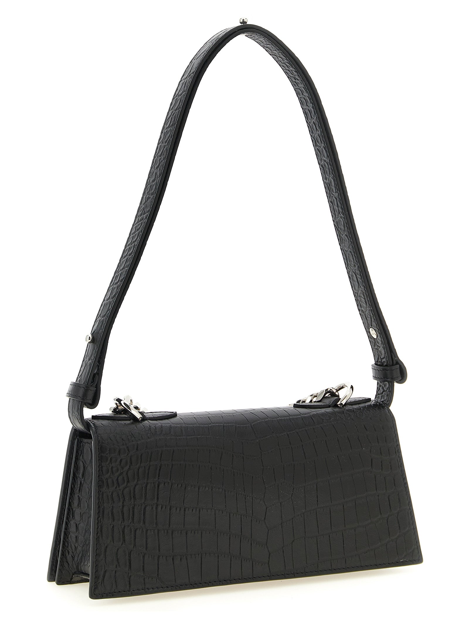 Mini Shoulder Flap Bag by Alexander McQueen for women in bos taurus crocodile calfskin leather black & signature showcases a enviable silhouette, artfully detailed with a secure flap & magnetic, organized , and versatile shoulder-strap, adjustable-strap & handle for a enviable look.