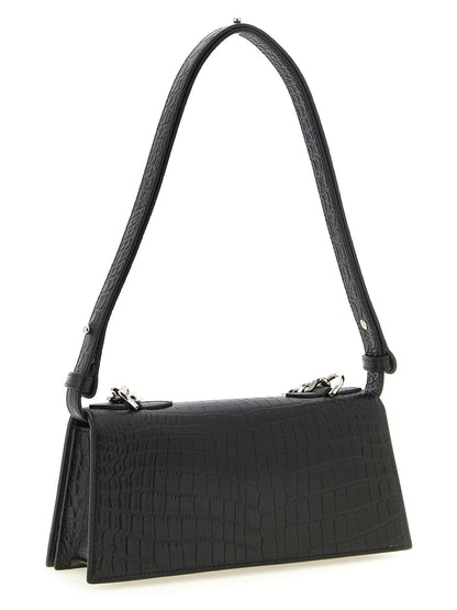 Mini Shoulder Flap Bag by Alexander McQueen for women in bos taurus crocodile calfskin leather black & signature showcases a enviable silhouette, artfully detailed with a secure flap & magnetic, organized , and versatile shoulder-strap, adjustable-strap & handle for a enviable look.