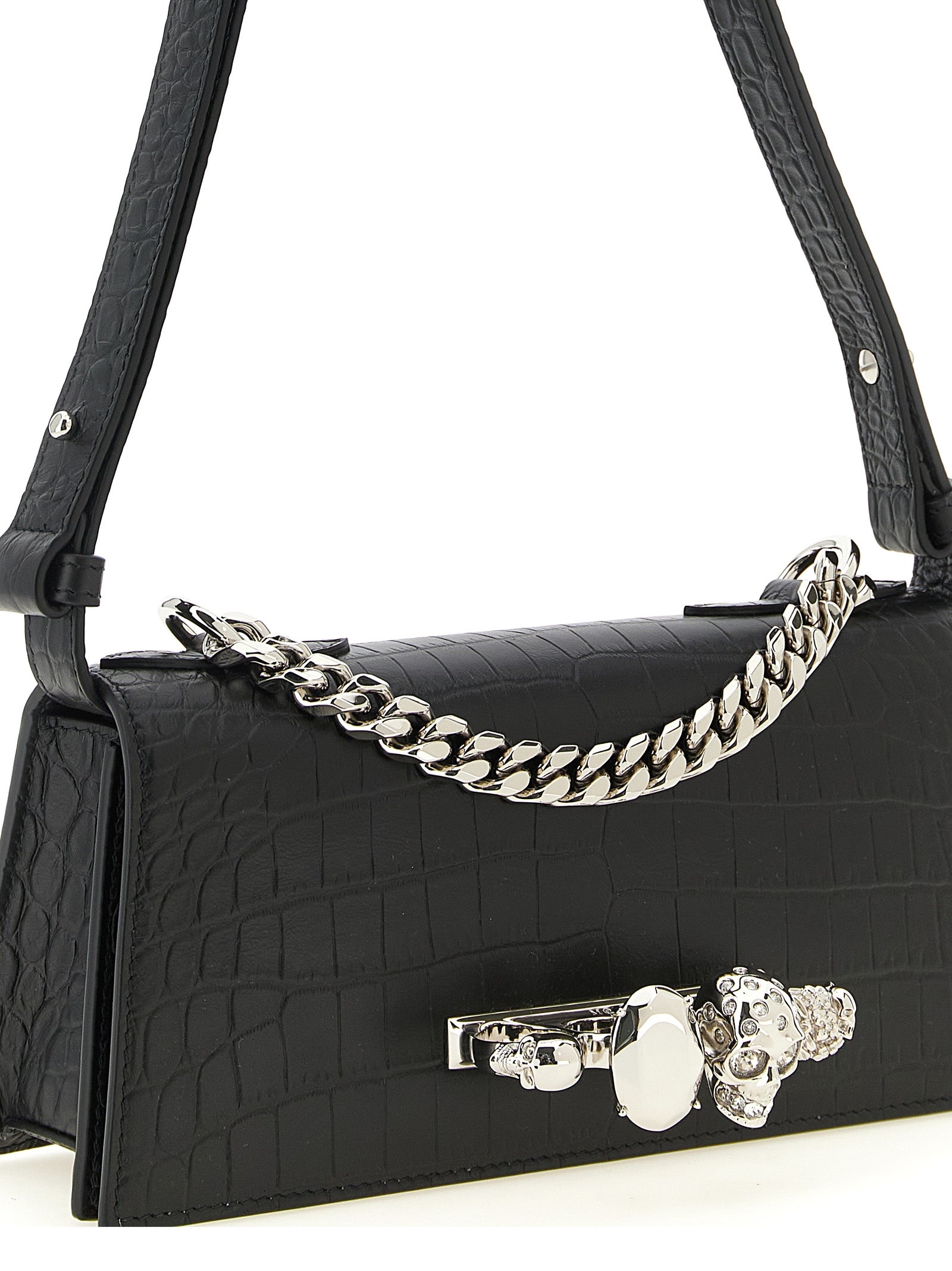 Mini Shoulder Flap Bag by Alexander McQueen for women in bos taurus crocodile calfskin leather black & signature features a effortless sophistication silhouette, secured by a flap & magnetic with ample and versatile shoulder-strap, adjustable-strap & handle for a effortless sophistication finish.