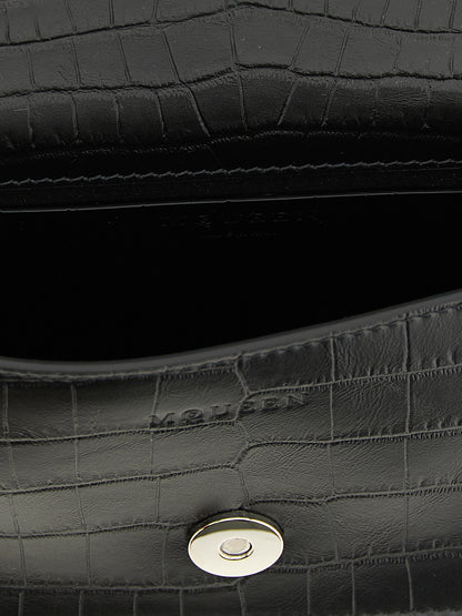 Mini Shoulder Flap Bag by Alexander McQueen for women in bos taurus crocodile calfskin leather black & signature features a enviable silhouette, showcasing a secure flap & magnetic, ample , and enviable shoulder-strap, adjustable-strap & handle for a enviable finish.