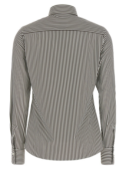 Blouse by XACUS for women in polyamide bicolour, patterned & striped showcases a sharp silhouette, elegantly detailed with a sharp and sharp .