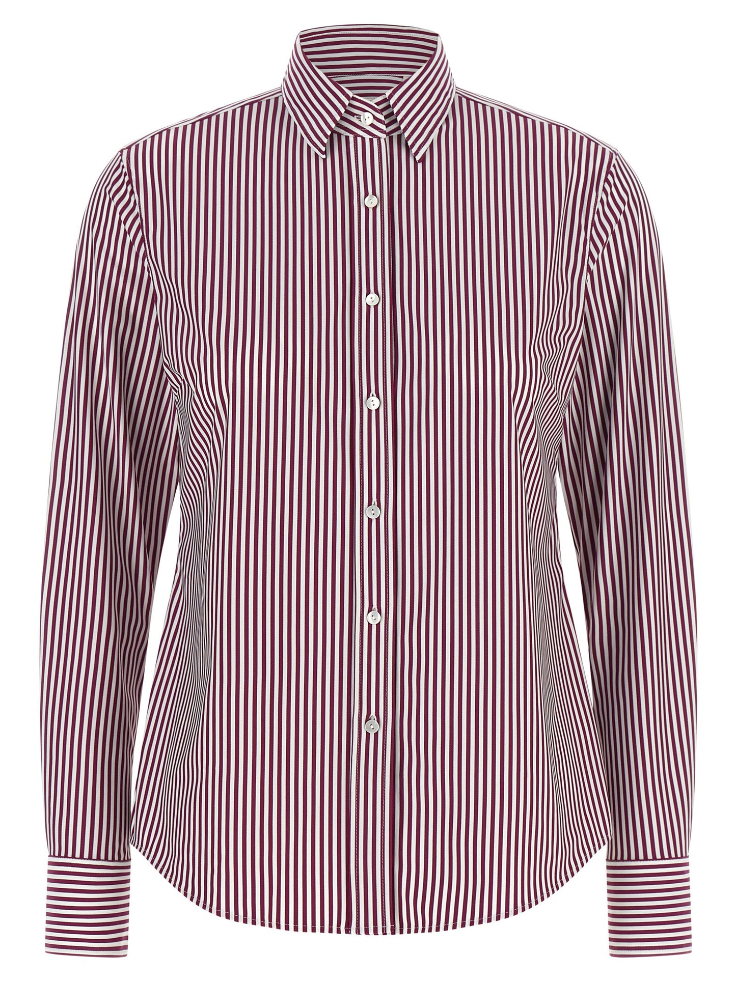 Blouse by XACUS for women in polyamide bordeaux, burgundy, white, patterned & striped showcases a sublime silhouette, artfully detailed with a sublime and for a sophisticated, sublime finish.