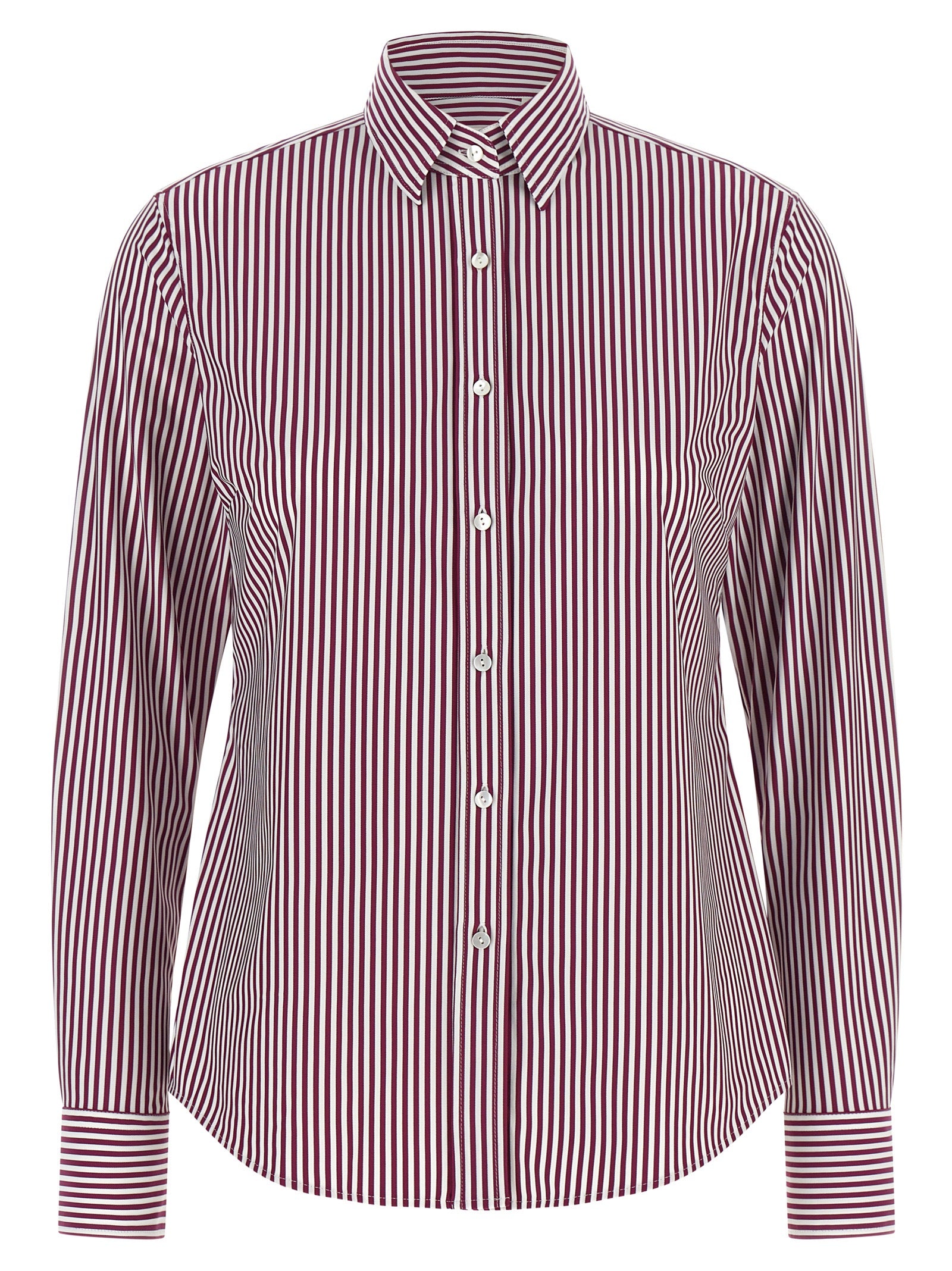 Blouse by XACUS for women in polyamide bordeaux, burgundy, white, patterned & striped showcases a sublime silhouette, artfully detailed with a sublime and for a sophisticated, sublime finish.