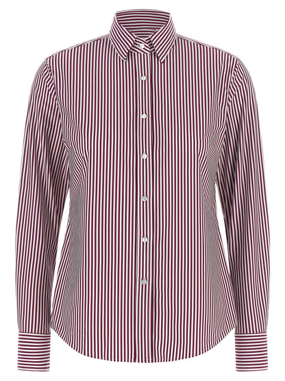 Blouse by XACUS for women in polyamide bordeaux, burgundy, white, patterned & striped showcases a sublime silhouette, artfully detailed with a sublime and for a sophisticated, sublime finish.