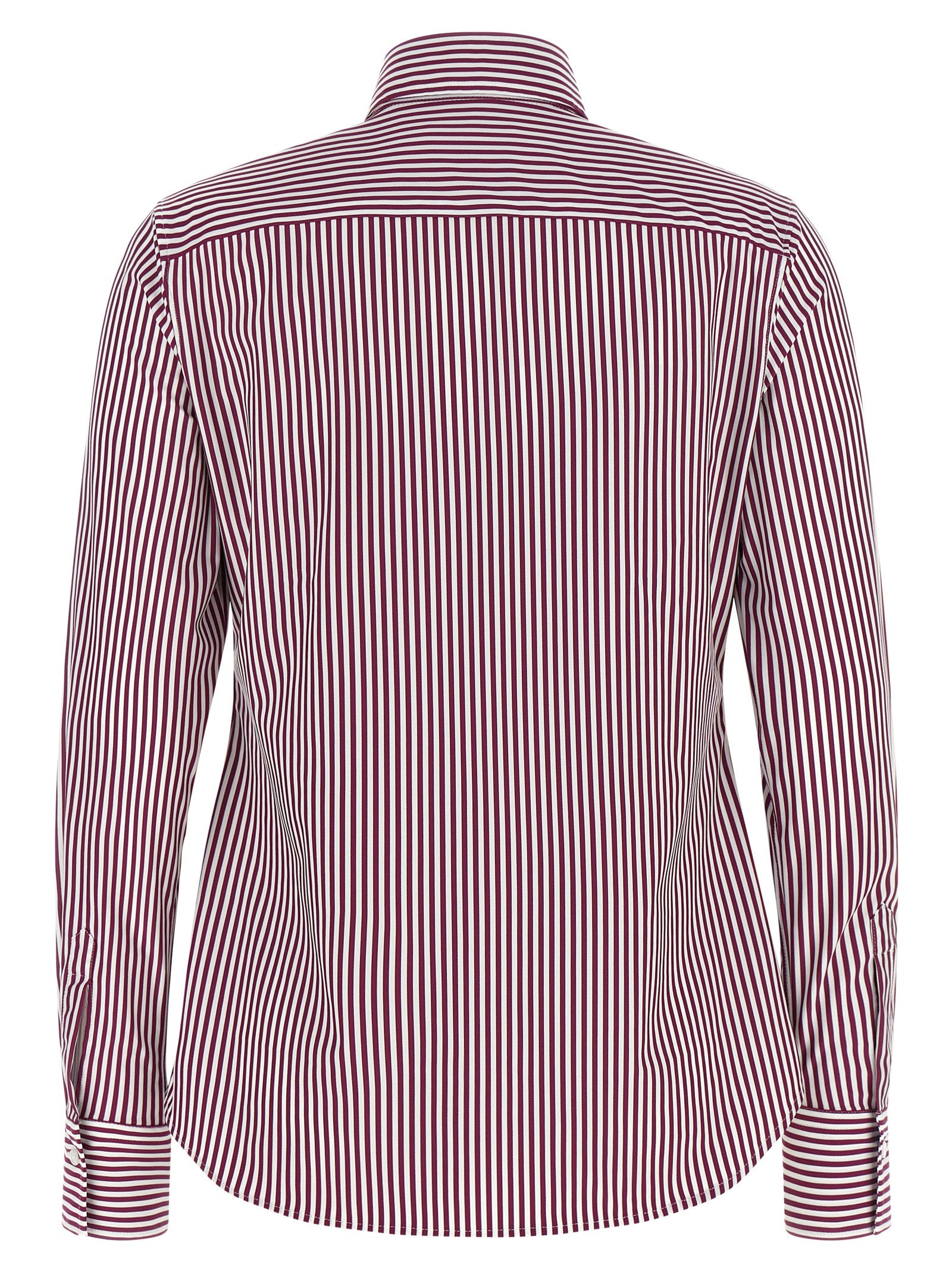 Blouse by XACUS for women in polyamide bordeaux, burgundy, white, patterned & striped showcases a sleek silhouette, elegantly detailed with a sleek and for a sleek finish.