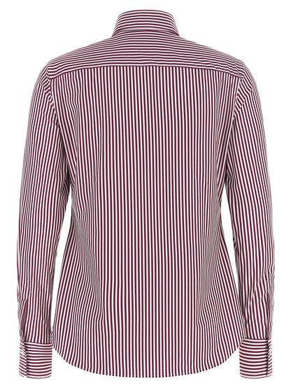 Blouse by XACUS for women in polyamide bordeaux, burgundy, white, patterned & striped showcases a sleek silhouette, elegantly detailed with a sleek and for a sleek finish.
