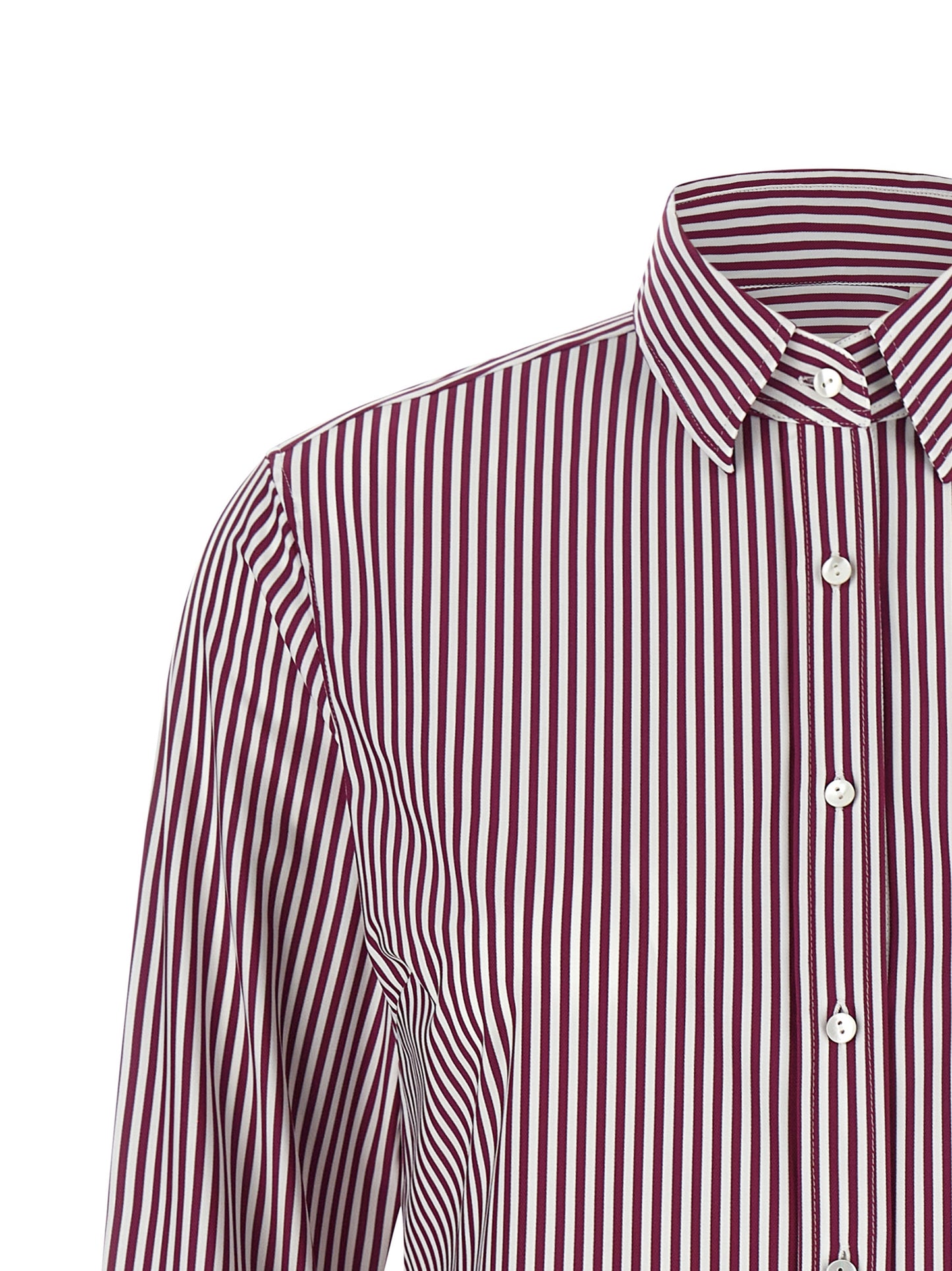 Blouse by XACUS for women in polyamide bordeaux, burgundy, white, patterned & striped showcases a sharp silhouette, elegantly detailed with a sharp and sharp .
