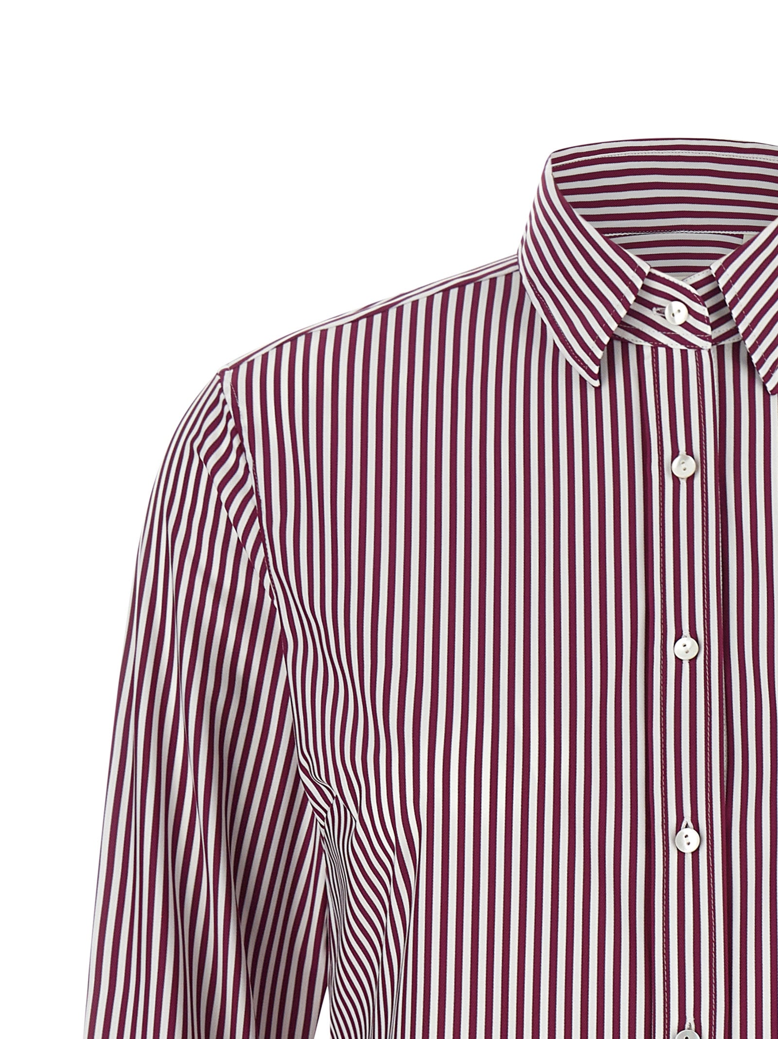 Blouse by XACUS for women in polyamide bordeaux, burgundy, white, patterned & striped showcases a sharp silhouette, elegantly detailed with a sharp and sharp .