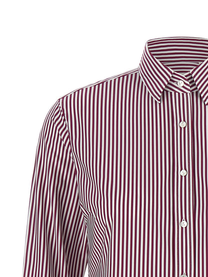 Blouse by XACUS for women in polyamide bordeaux, burgundy, white, patterned & striped showcases a sharp silhouette, elegantly detailed with a sharp and sharp .