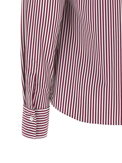 Blouse by XACUS for women in polyamide bordeaux, burgundy, white, patterned & striped showcases a sleek silhouette, elegantly detailed with a sleek and for a sleek finish.