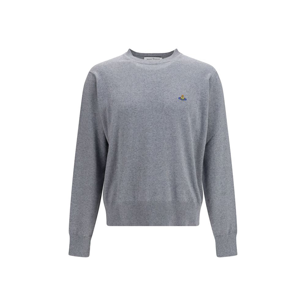 Sweater by Vivienne Westwood for men in cashmere cotton & capra leather gray features an tactile silhouette, showcasing a sophisticated crew neckline and tactile for a refined finish.