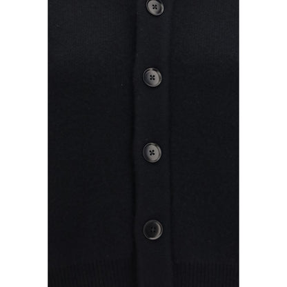 Cardigan by Extreme Cashmere for women in cashmere & capra leather black showcases a captivating silhouette, artfully detailed with a captivating and for a truly sophisticated captivating look.