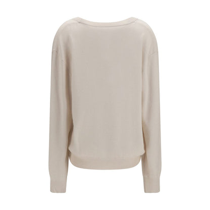 Sweater by Extreme Cashmere for women in cashmere & capra leather beige features an tactile silhouette, showcasing a sophisticated v-neck neckline and tactile for a refined finish.