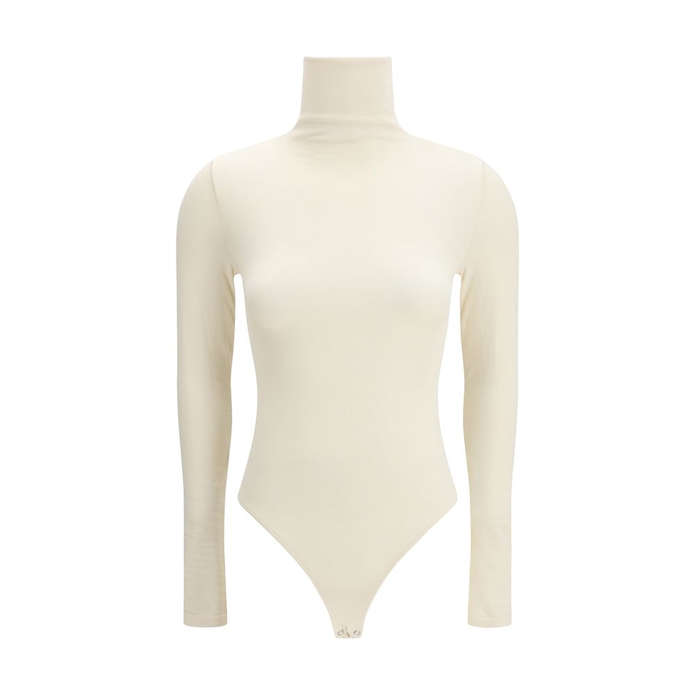 Bodysuit by Wolford for women in stretch polyamide cotton beige & natural features an exquisite silhouette with a refined high-neck neckline and exquisite long-sleeve detailing.