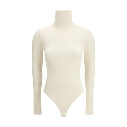 Bodysuit by Wolford for women in stretch polyamide cotton beige & natural features an exquisite silhouette with a refined high-neck neckline and exquisite long-sleeve detailing.