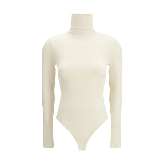 Bodysuit by Wolford for women in stretch polyamide cotton beige & natural features an exquisite silhouette with a refined high-neck neckline and exquisite long-sleeve detailing.