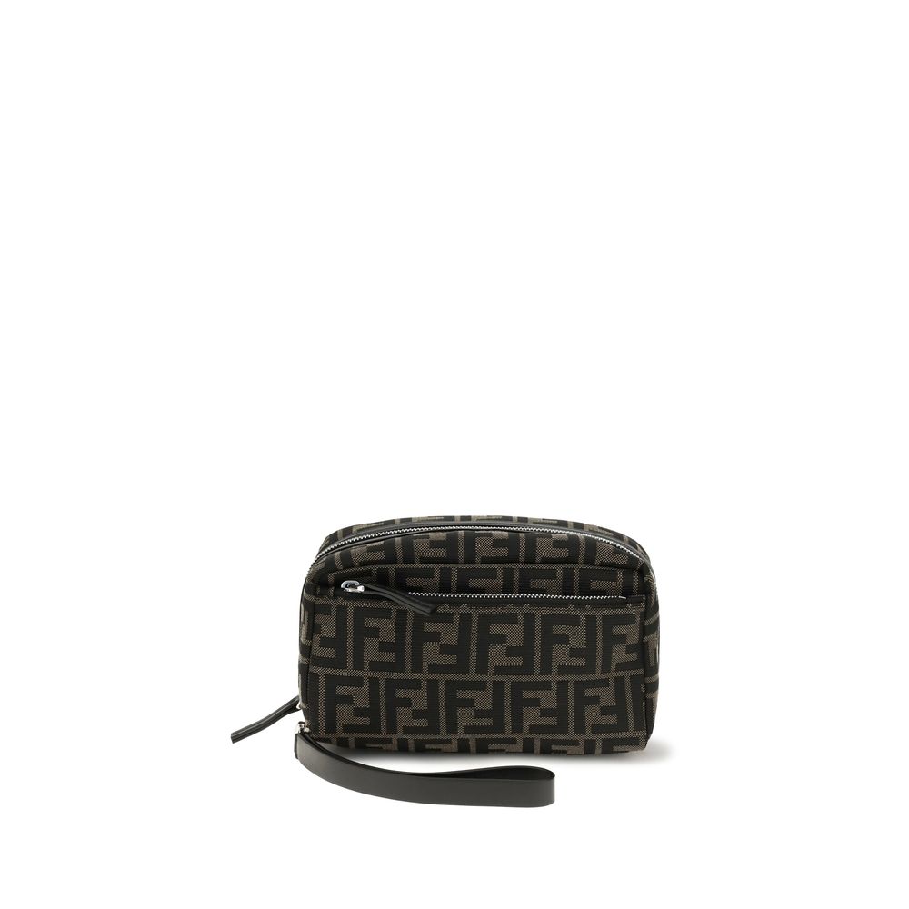 This Fendi men polyester leather & cotton Makeup Bag in brown, palladium, jacquard & signature presents a chic silhouette from the Polyester Leather & Cotton Makeup Bag collection, showcasing a secure , ample built-in-compartments, and versatile wristlet.