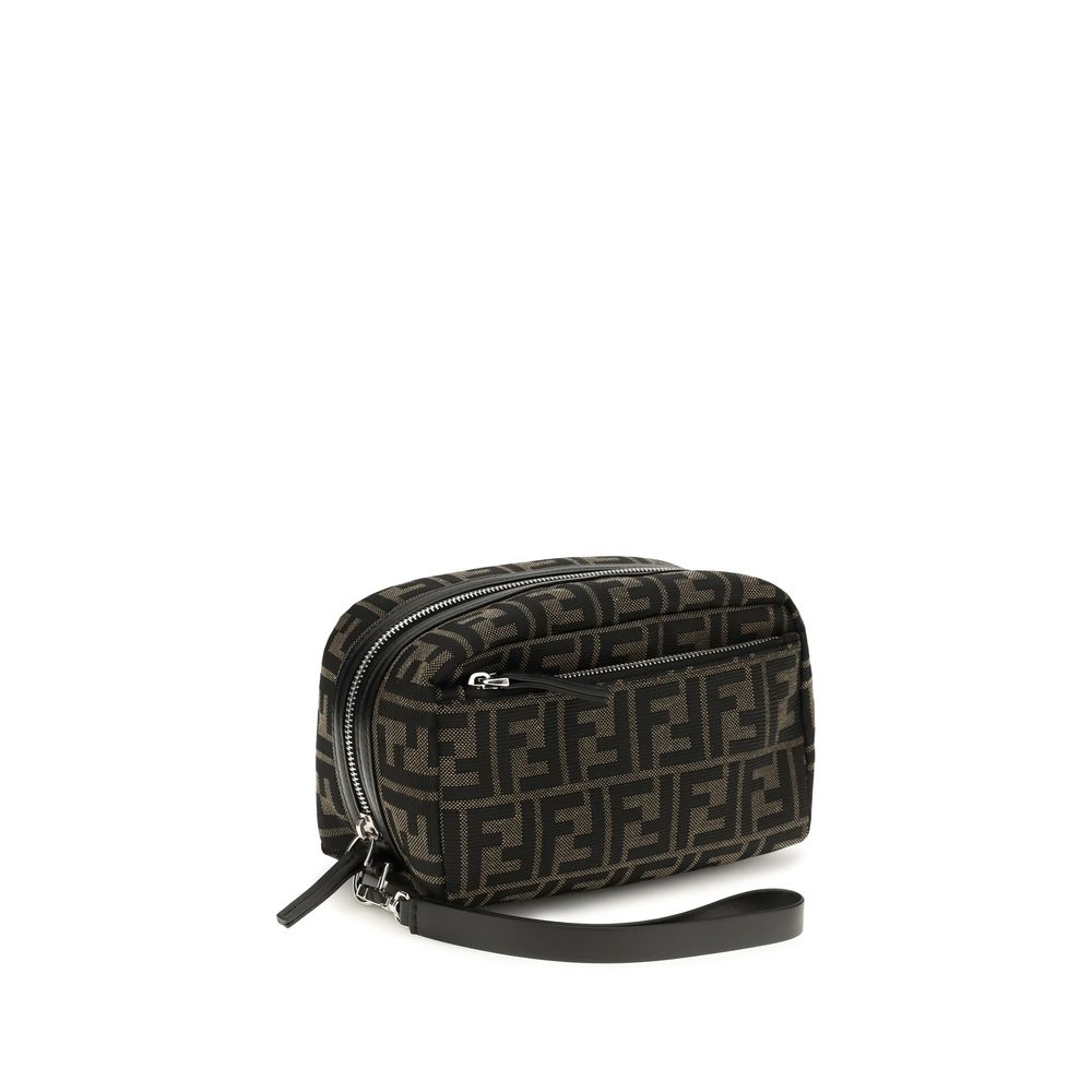 Makeup Bag by Fendi for men in polyester leather & cotton brown, palladium, jacquard & signature features a on trend silhouette, showcasing the on trend design of the Polyester Leather & Cotton Makeup Bag with a secure , ample built-in-compartments, and versatile wristlet.