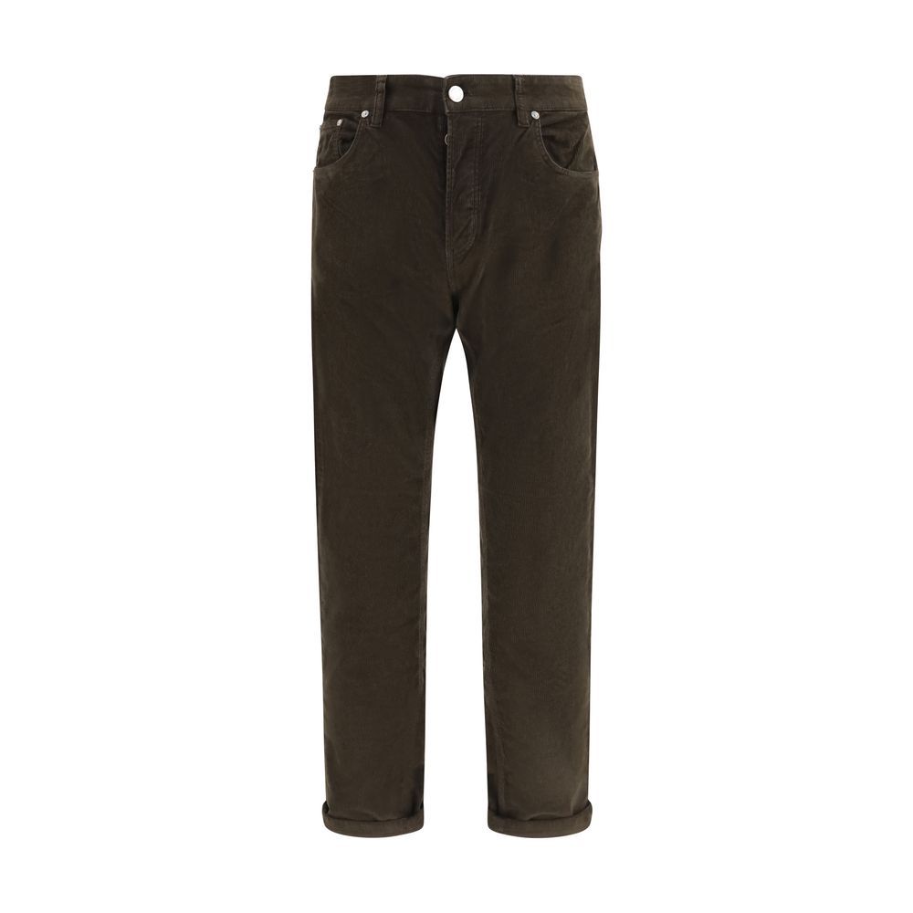 Casual Pants by PT Torino for men in cotton corduroy brown & signature presents a tailored silhouette, showcasing a tailored straight & regular-fit and long cut with a refined for a truly tailored aesthetic.