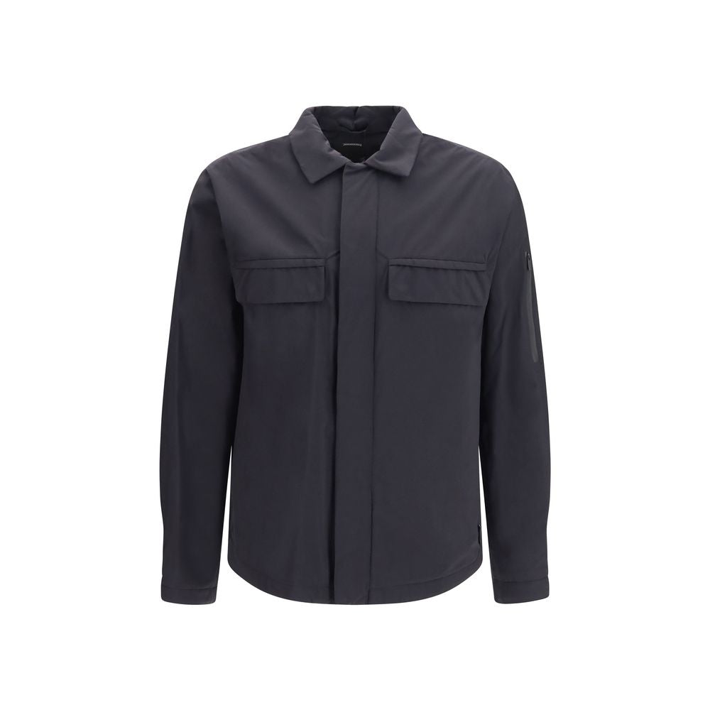 Overcoat by LAMINAR for men in polyamide black features an voluminous silhouette, showcasing distinct pockets and a voluminous stand-collar neckline for a truly voluminous aesthetic.
