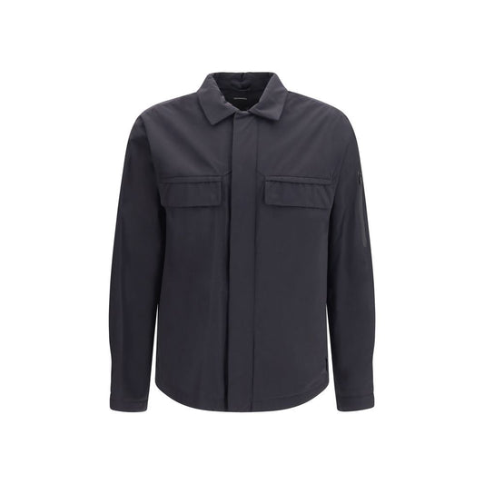 Overcoat by LAMINAR for men in polyamide black features an voluminous silhouette, showcasing distinct pockets and a voluminous stand-collar neckline for a truly voluminous aesthetic.
