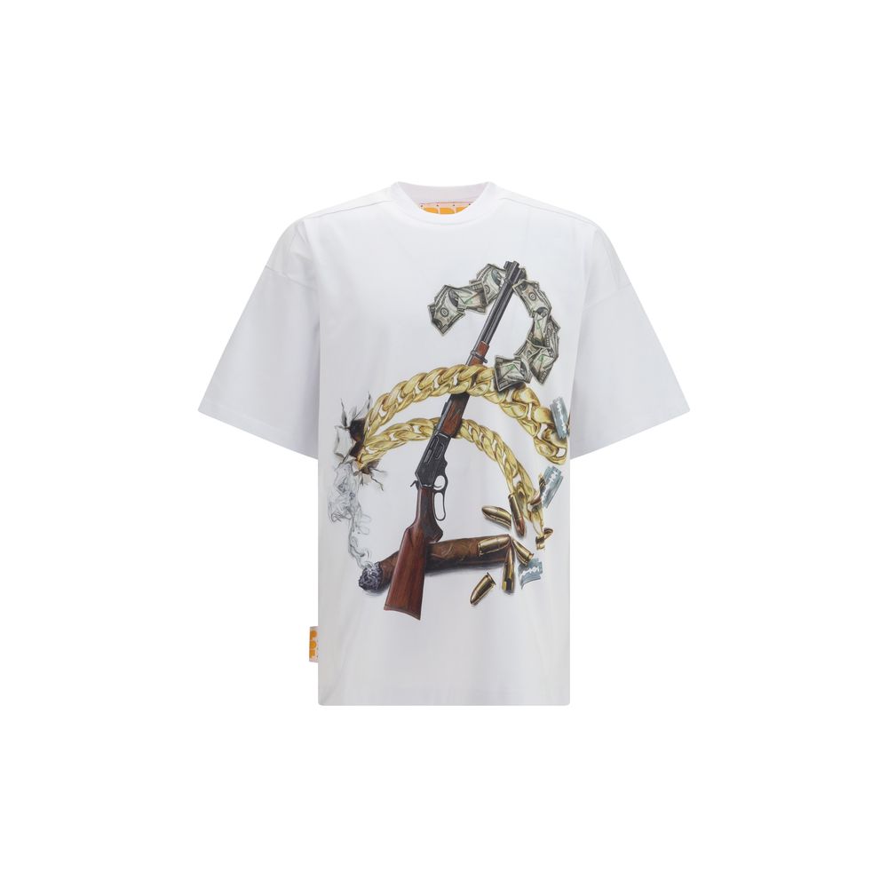 T-Shirt by PDF Channel for men in cotton gold, white, signature & print showcases a chic silhouette, artfully detailed with a chic and short-sleeve for a chic finish.
